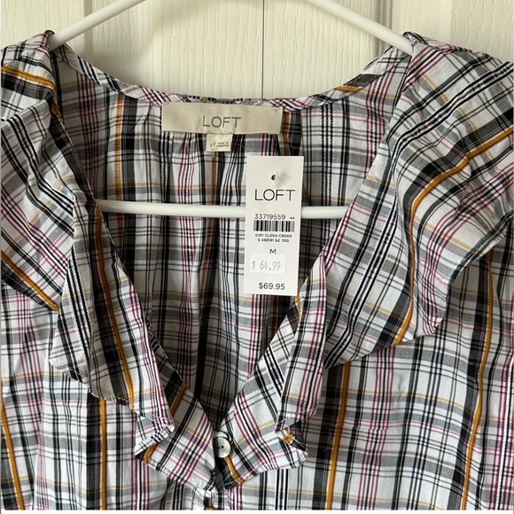 NWT LOFT Plaid Ruffle V-Neck Blouse - Picture 5 of 8